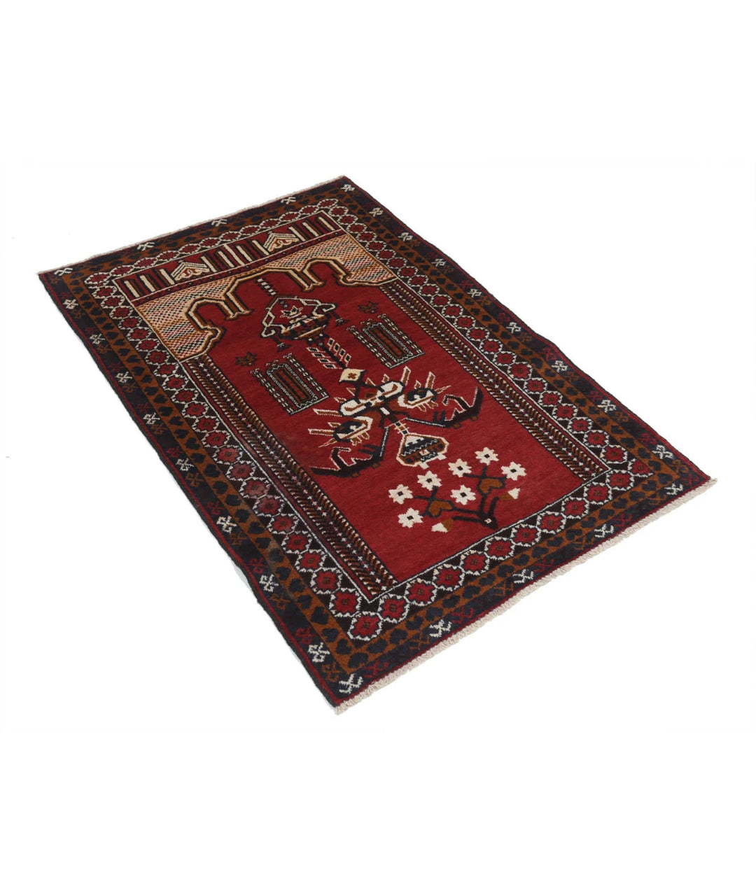 Red Afghan Baluchi Rug 3' 0" x 4' 5" Hand-Knotted | No. AT70167
