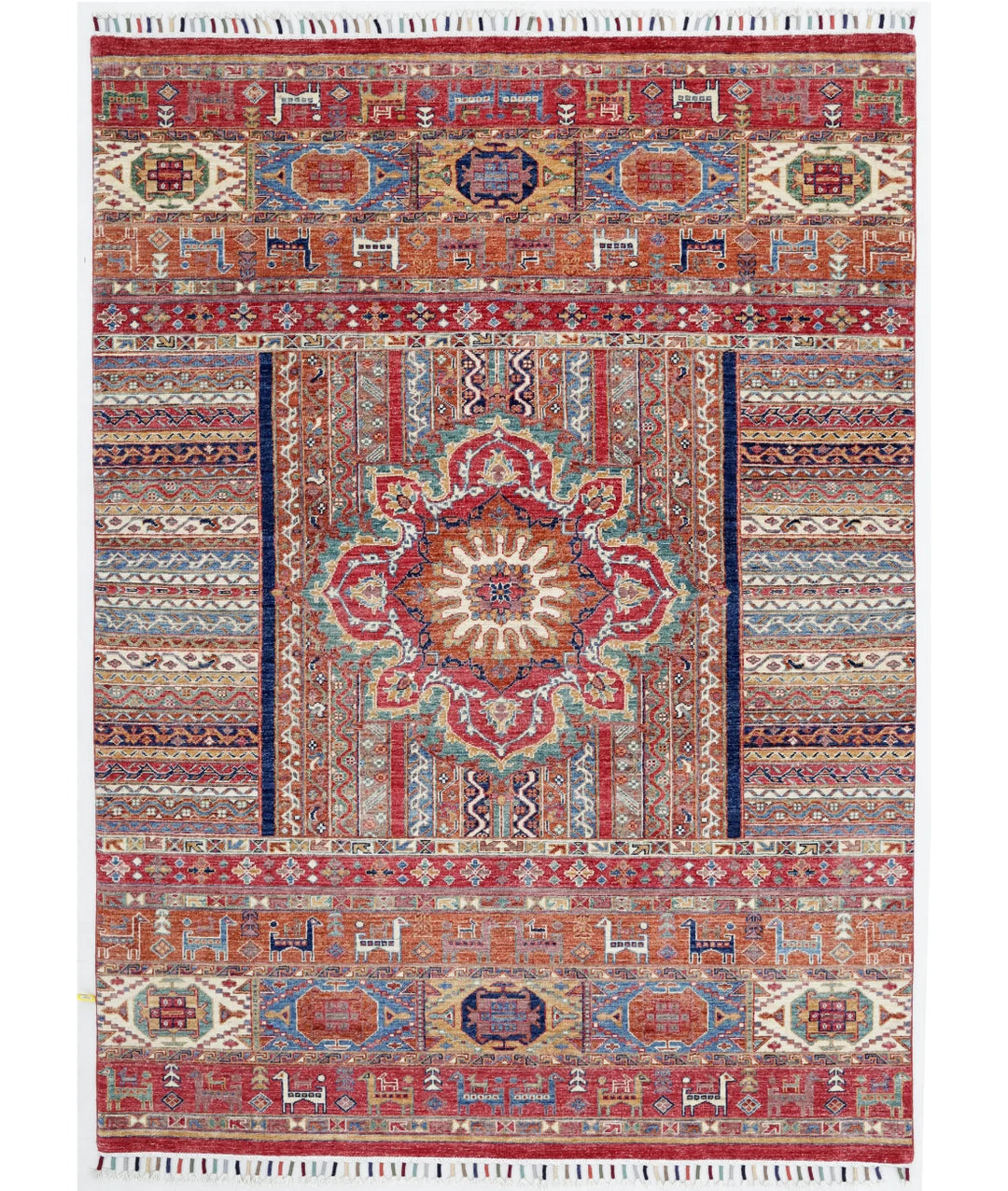 Red Afghan Khurjeen Rug 5' 8" x 7' 10" Hand-Knotted | No. AT70396