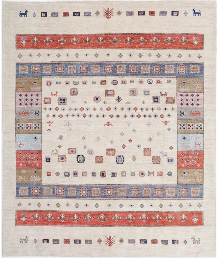 Ivory Afghan Tribal Rug 8' 0" x 9' 7" Hand-Knotted