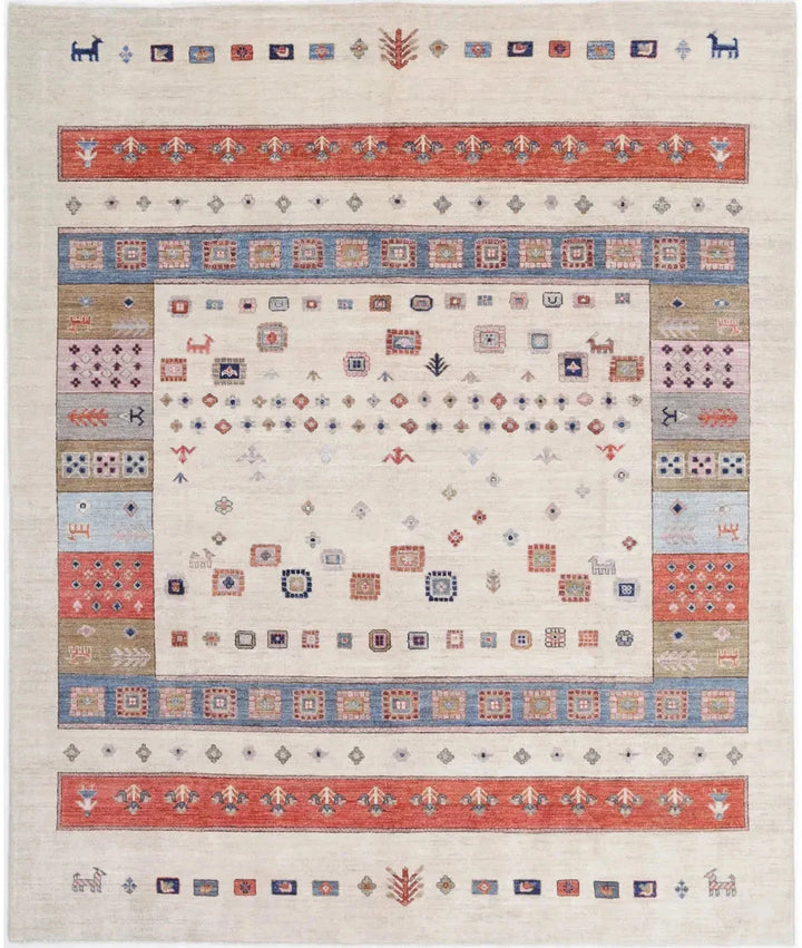 Ivory Afghan Tribal Rug 8' 0" x 9' 7" Hand-Knotted | No. AT70491