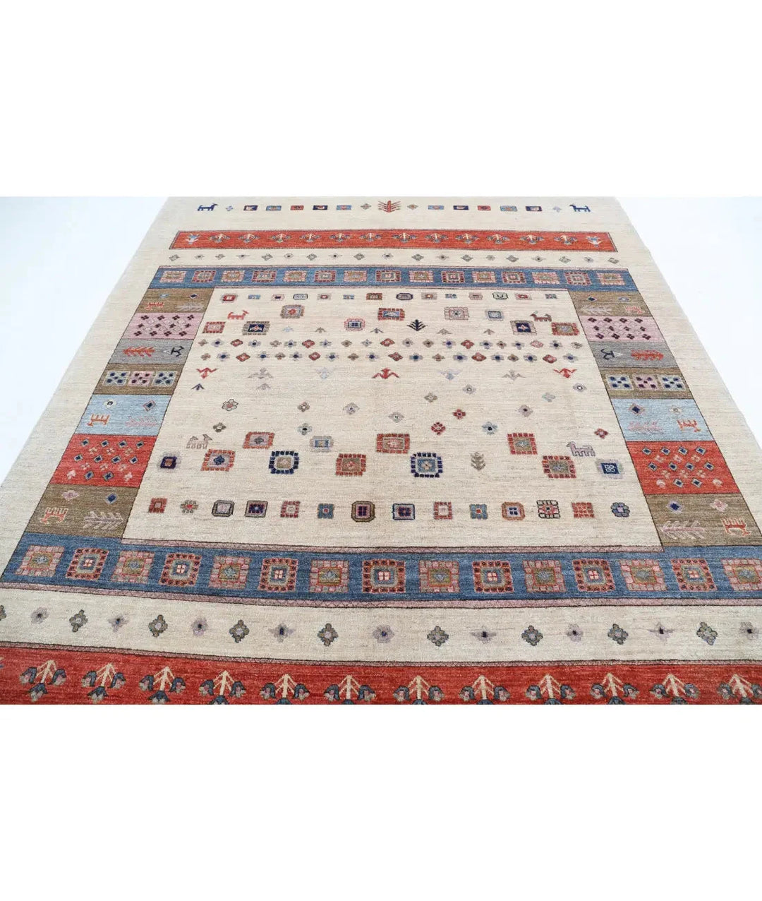 Ivory Afghan Tribal Rug 8' 0" x 9' 7" Hand-Knotted close-up