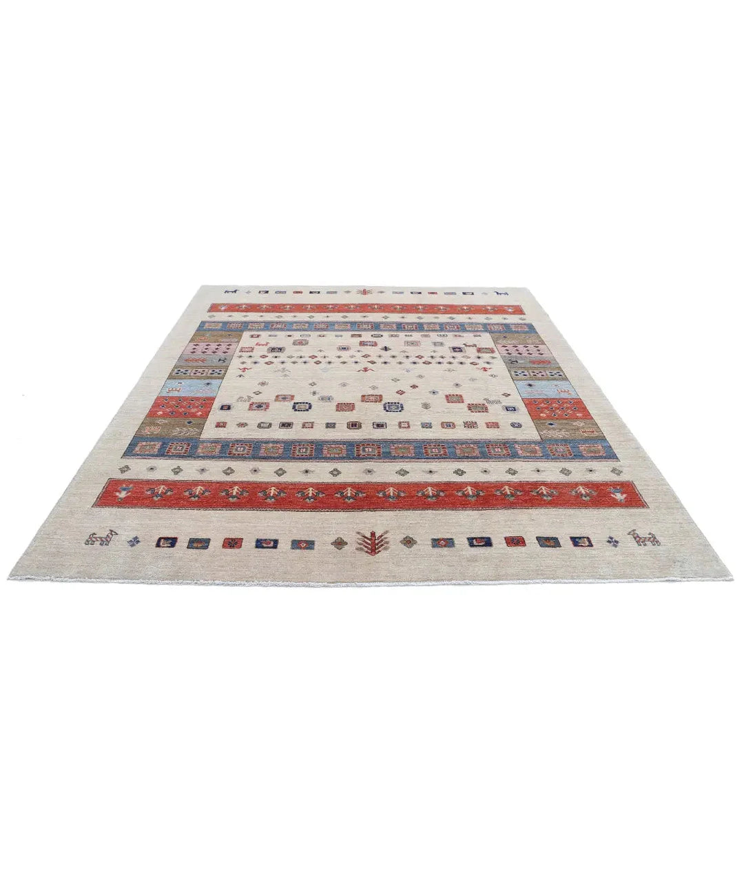 Ivory Afghan Tribal Rug 8' 0" x 9' 7" Hand-Knotted pattern