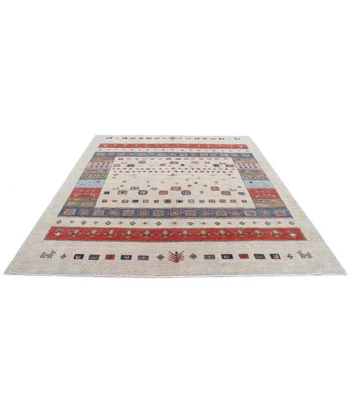 Ivory Afghan Tribal Rug 8' 0" x 9' 7" Hand-Knotted pattern