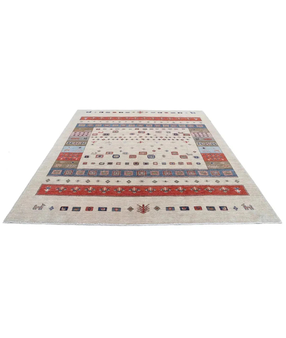 Ivory Afghan Tribal Rug 8' 0" x 9' 7" Hand-Knotted | No. AT70491