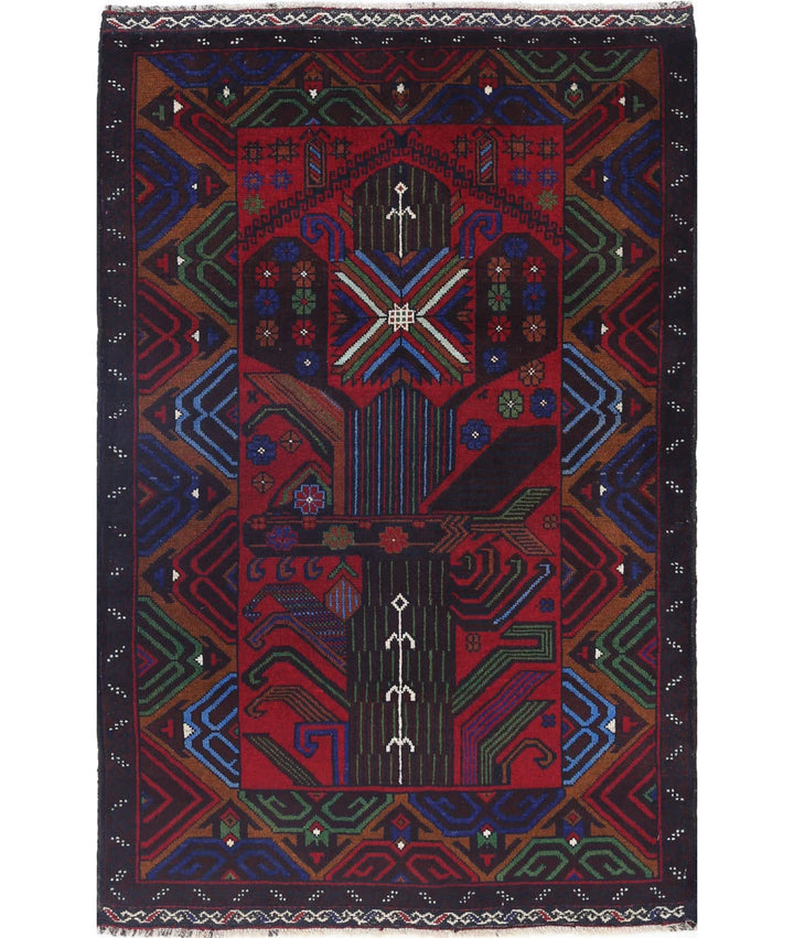 Red Afghan Baluchi Rug 3' 0" x 4' 8" Hand-Knotted | No. AT70770