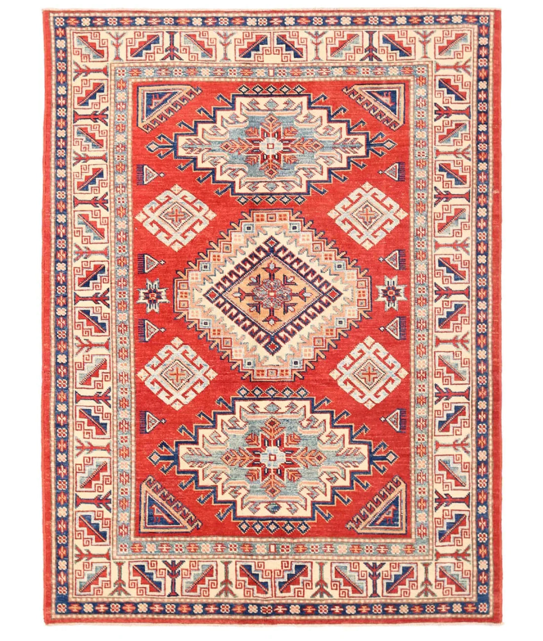 Red Afghan Kazak Rug 4' 10" x 6' 7" Hand-Knotted | No. AT72167