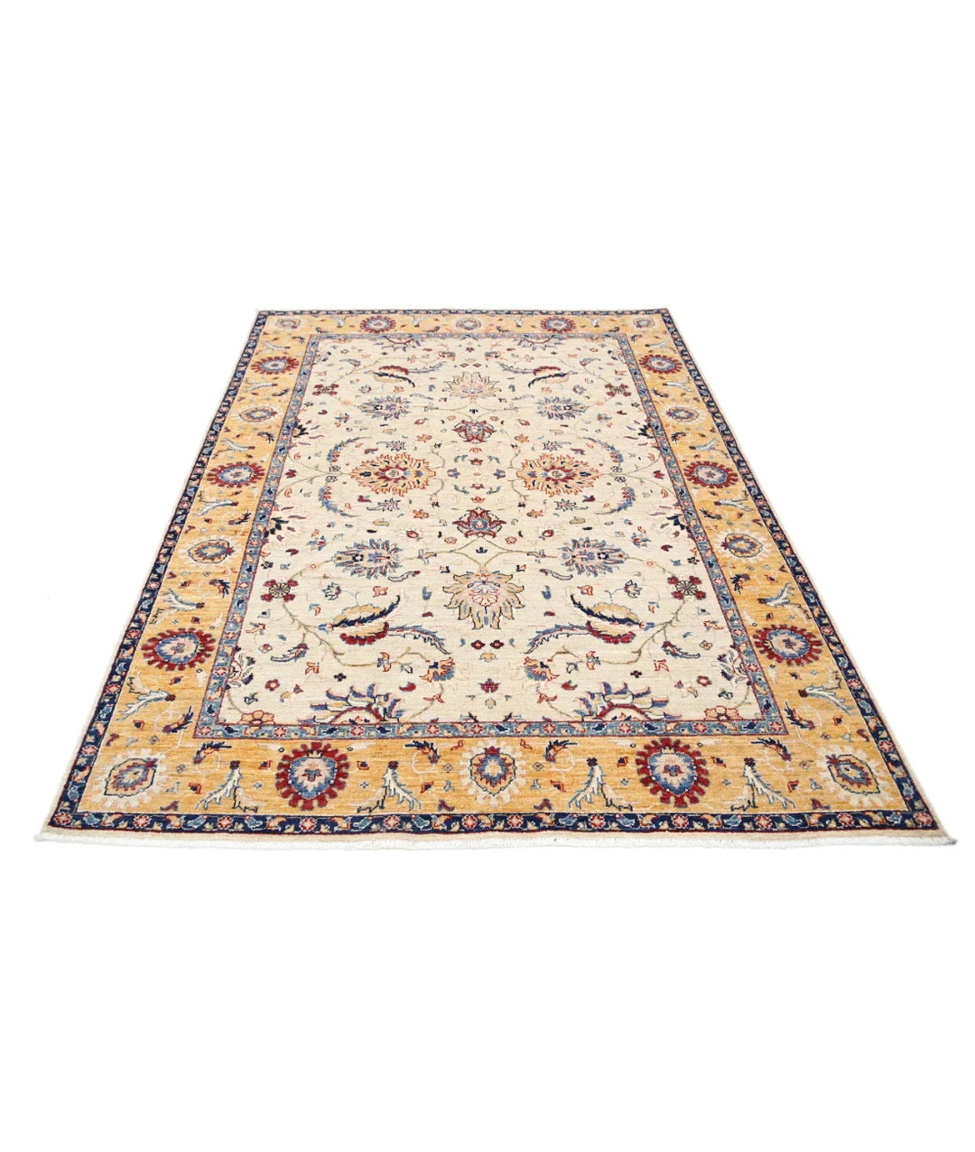 Ivory Afghan Ziegler Rug 5' 8" x 7' 10" Hand-Knotted | No. AT724164
