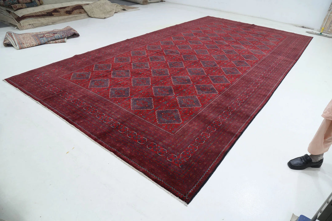 Red Afghan Khamyab Rug 9' 9" x 18' 10" Hand-Knotted | No. AT725021