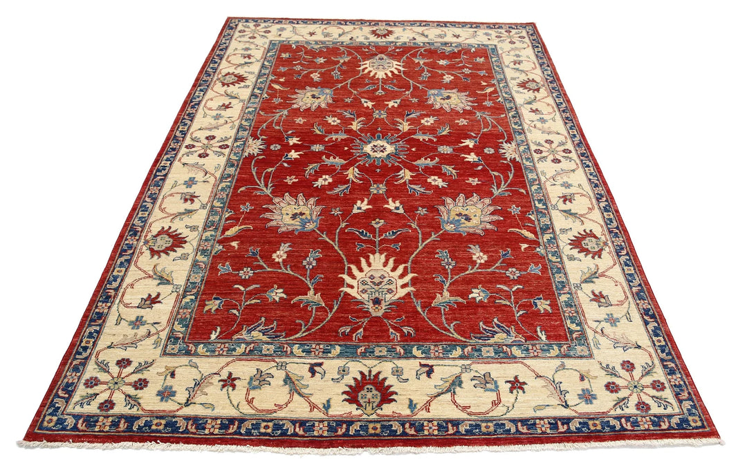 Red Afghan Ziegler Rug 5' 6" x 7' 10" Hand-Knotted | No. AT72581