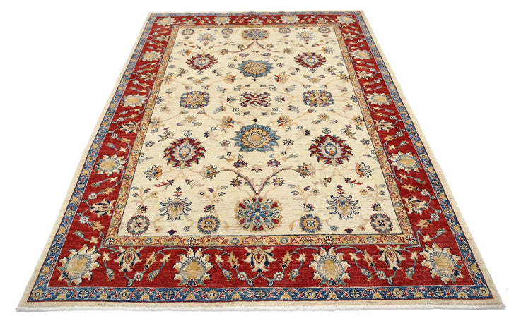 Ivory Afghan Ziegler Rug 5'8" x 8'2" Hand-Knotted | No. AT73901