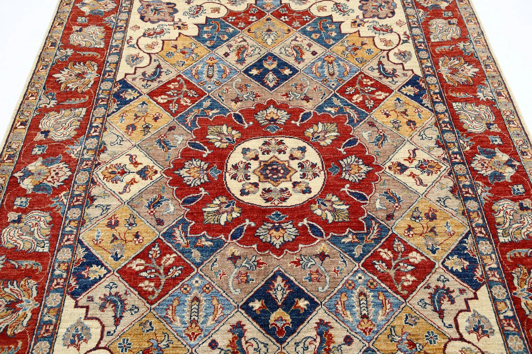 Ivory Afghan Ziegler Rug 5'6" x 7'10" Hand-Knotted | No. AT74124