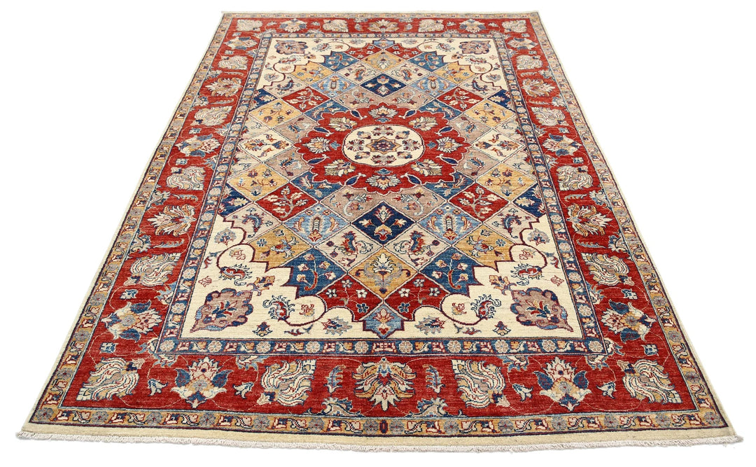 Ivory Afghan Ziegler Rug 5'6" x 7'10" Hand-Knotted | No. AT74124