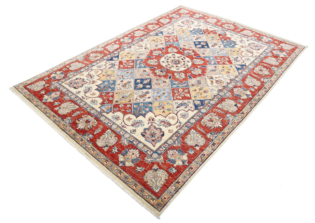 Ivory Afghan Ziegler Rug 5'6" x 7'10" Hand-Knotted | No. AT74124