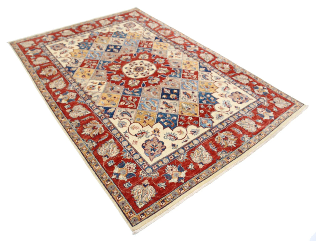 Ivory Afghan Ziegler Rug 5'6" x 7'10" Hand-Knotted | No. AT74124