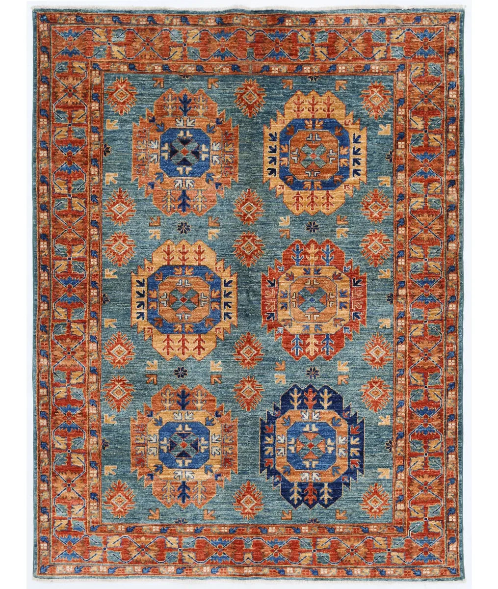 Teal Afghan Tribal Rug 4' 10" x 6' 6" Hand-Knotted | No. AT742983