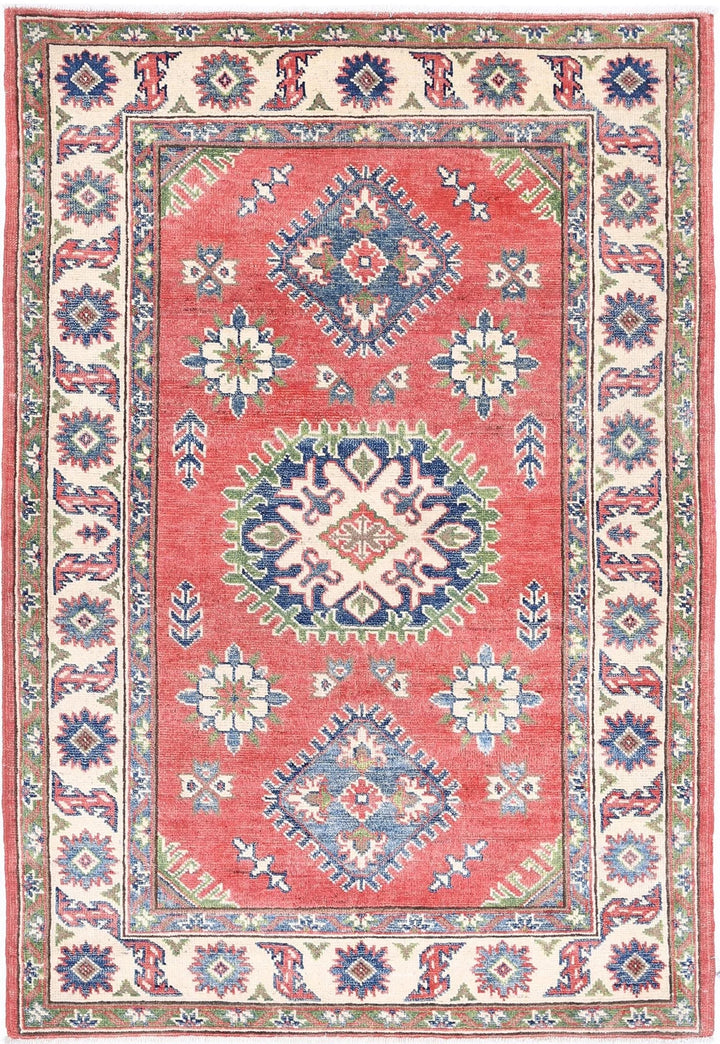 Afghan Kazak Rug 3' 3" x 4' 10" Hand-Knotted | No. AT74373