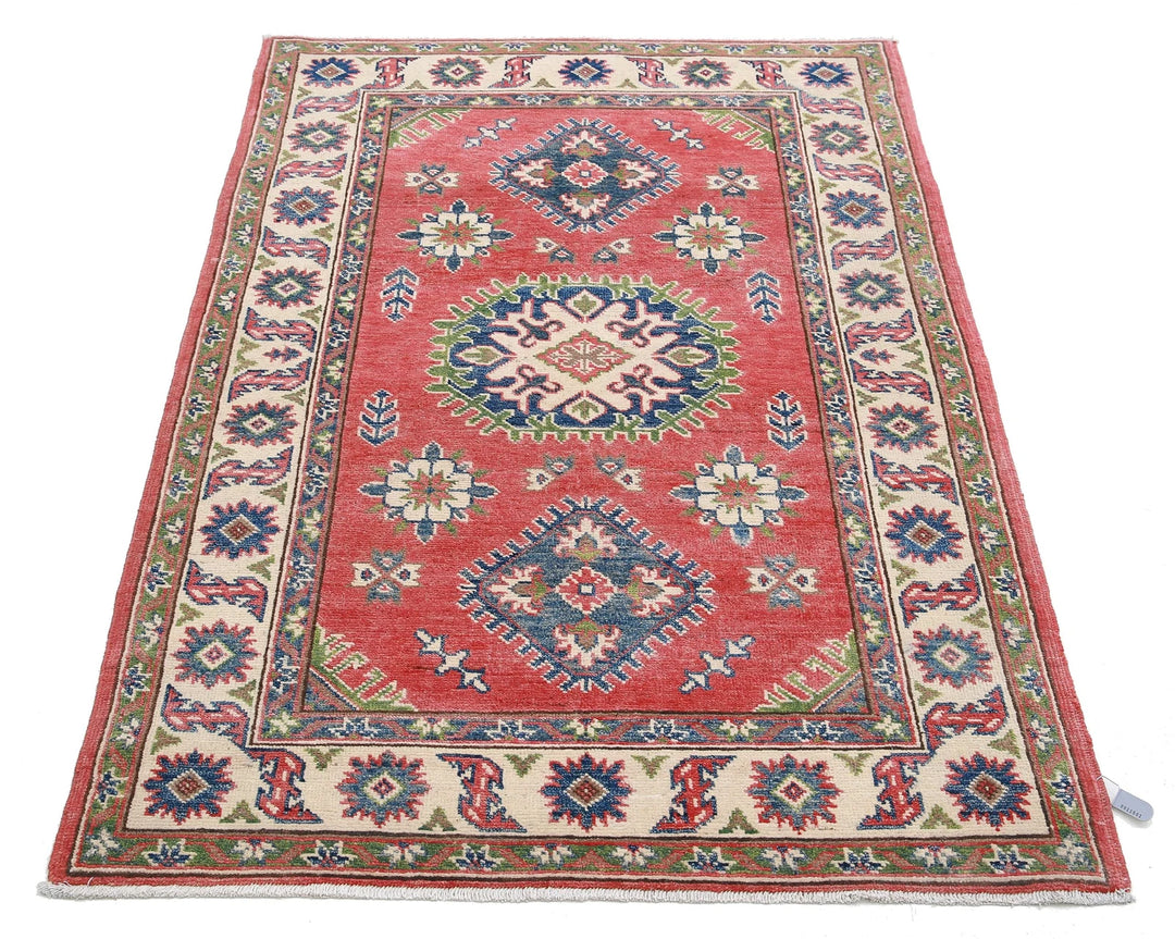Afghan Kazak Rug 3' 3" x 4' 10" Hand-Knotted | No. AT74373