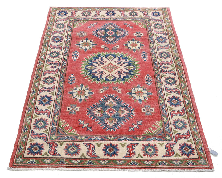 Afghan Kazak Rug 3' 3" x 4' 10" Hand-Knotted | No. AT74373