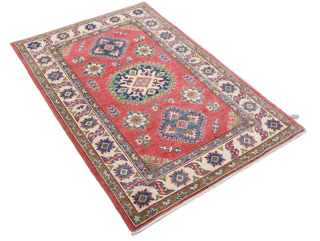 Afghan Kazak Rug 3' 3" x 4' 10" Hand-Knotted | No. AT74373
