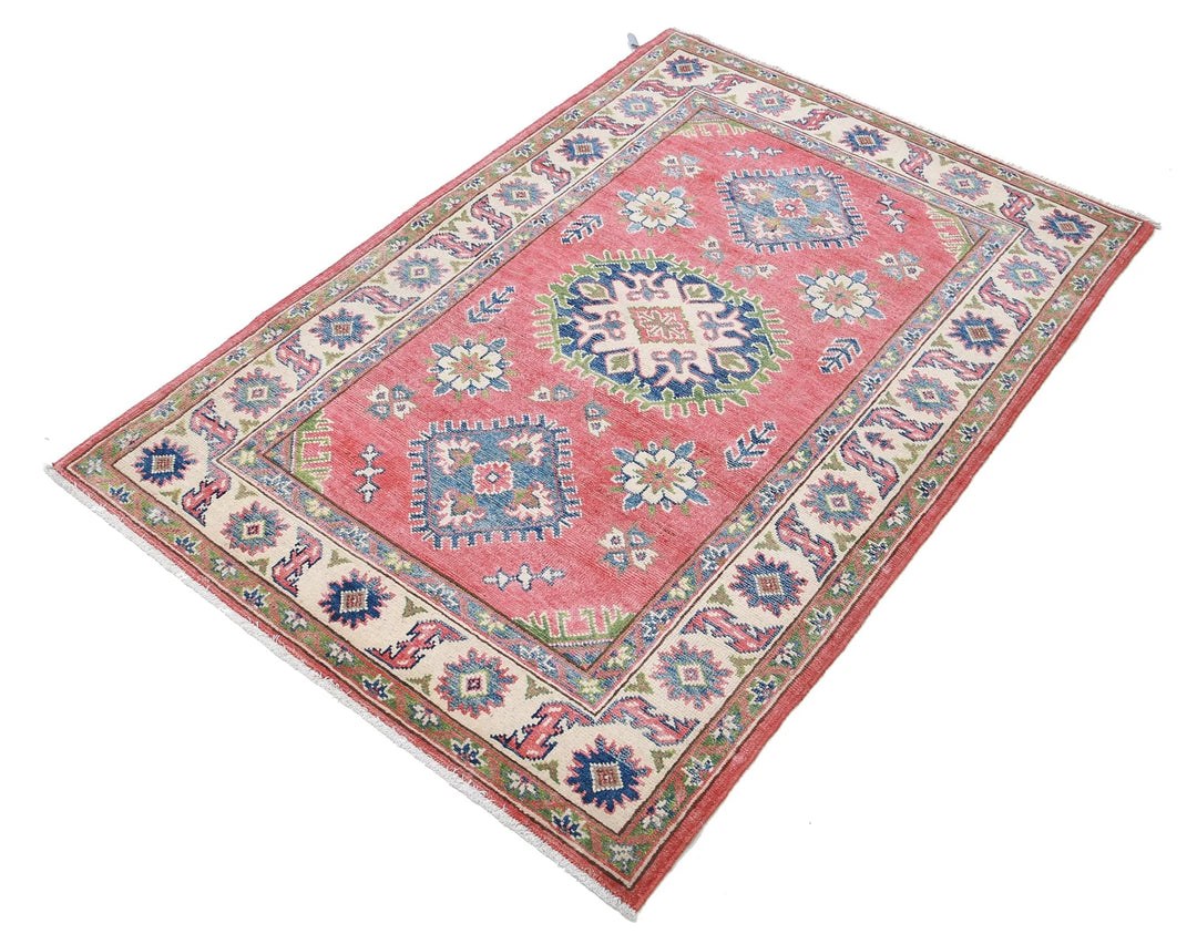 Afghan Kazak Rug 3' 3" x 4' 10" Hand-Knotted | No. AT74373