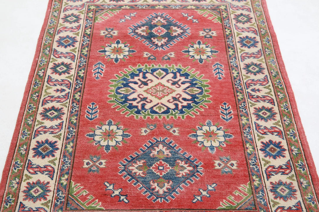 Afghan Kazak Rug 3' 3" x 4' 10" Hand-Knotted | No. AT74373