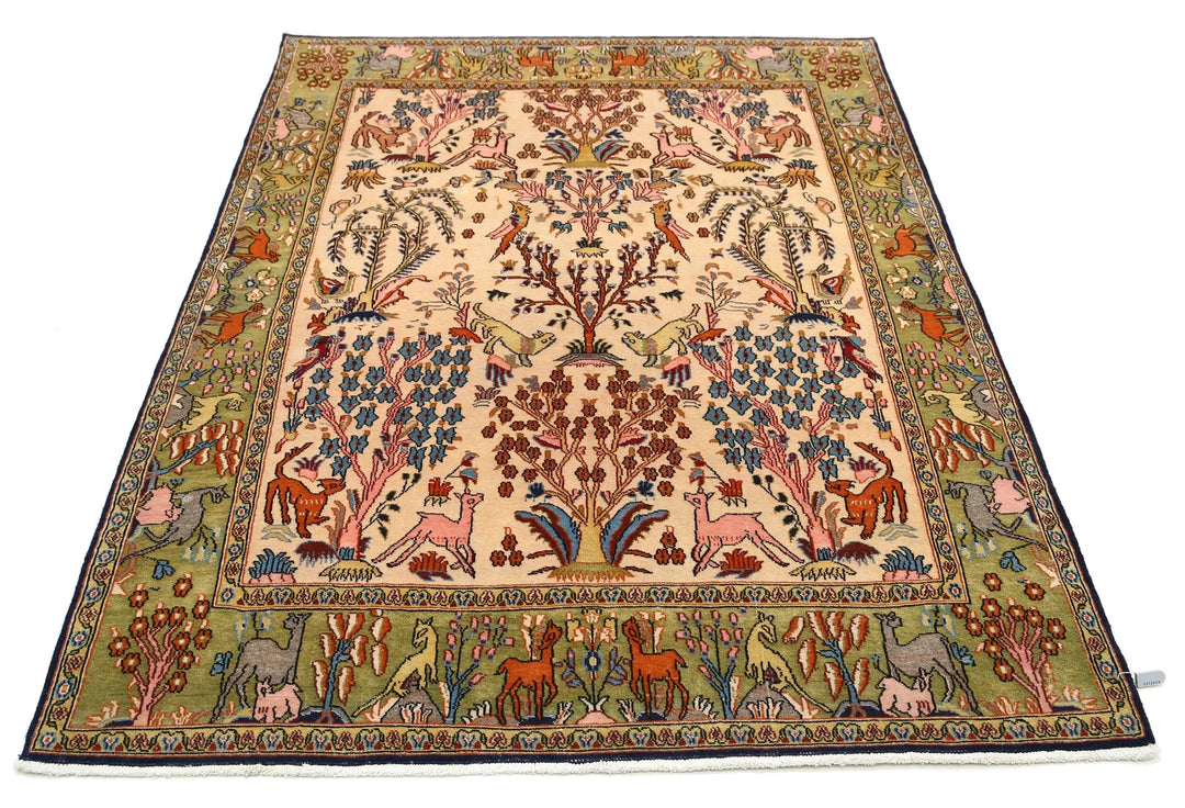 Ivory Oriental Qum Rug 4' 6" x 6' 8" Hand-Knotted | No. AT74534
