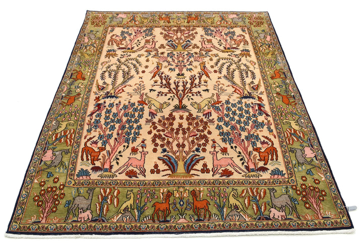 Ivory Oriental Qum Rug 4' 6" x 6' 8" Hand-Knotted | No. AT74534