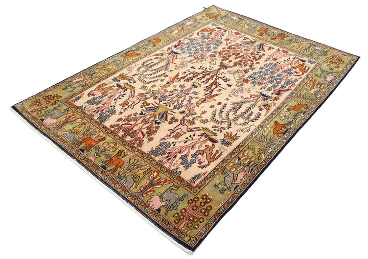 Ivory Oriental Qum Rug 4' 6" x 6' 8" Hand-Knotted | No. AT74534