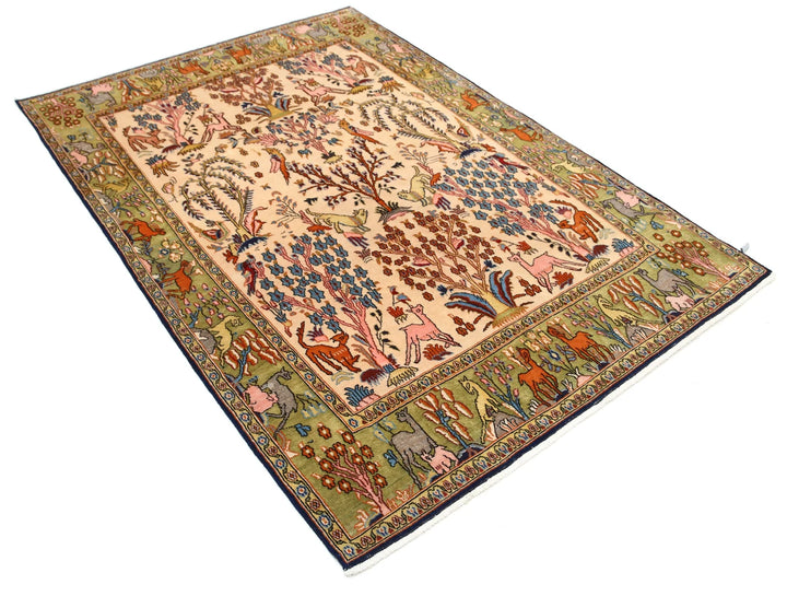 Ivory Oriental Qum Rug 4' 6" x 6' 8" Hand-Knotted | No. AT74534