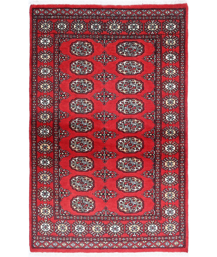 Red Pakistani Bokhara Rug 3' 0" x 4' 10" Hand-Knotted | No. AT74558