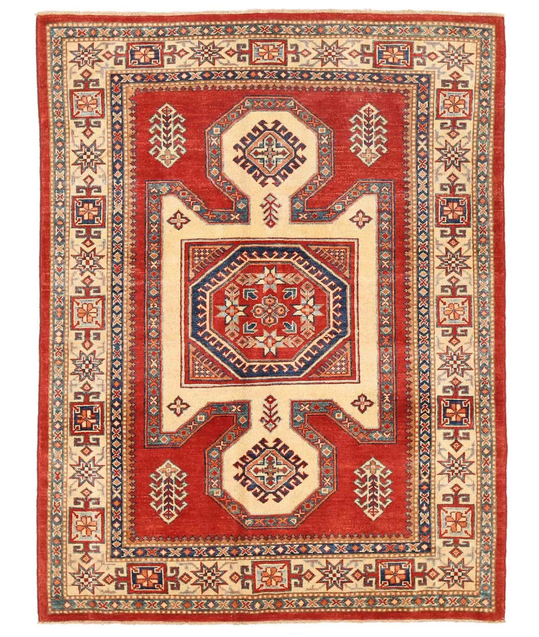 Red Afghan Kazak Rug 4' 7" x 6' 1" Hand-Knotted | No. AT74561