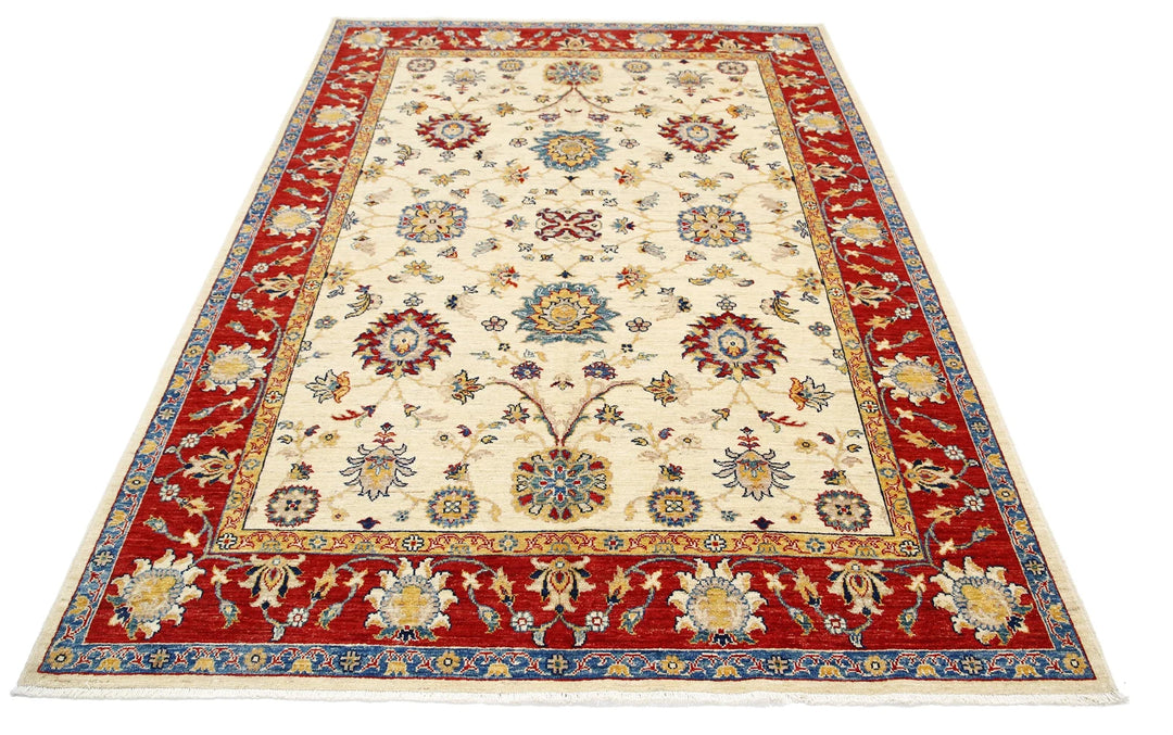 Ivory Afghan Ziegler Rug 5' 9" x 7' 9" Hand-Knotted | No. AT76042