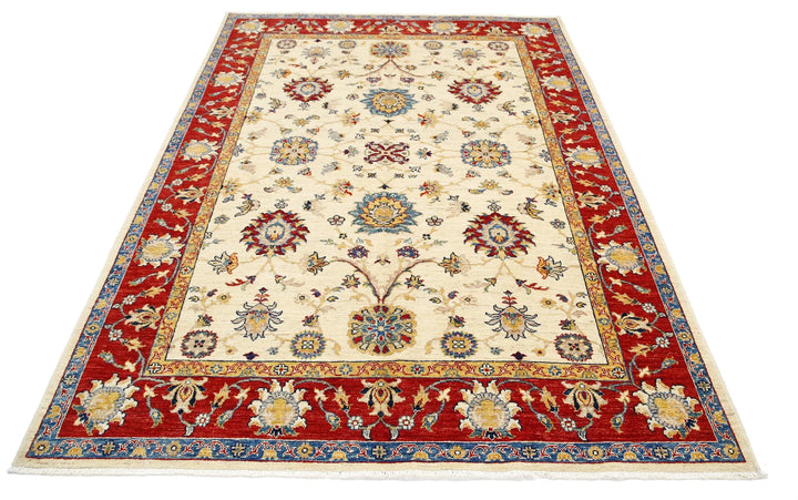 Ivory Afghan Ziegler Rug 5' 9" x 7' 9" Hand-Knotted | No. AT76042