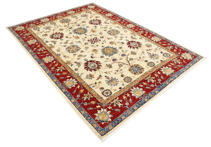 Ivory Afghan Ziegler Rug 5' 9" x 7' 9" Hand-Knotted | No. AT76042