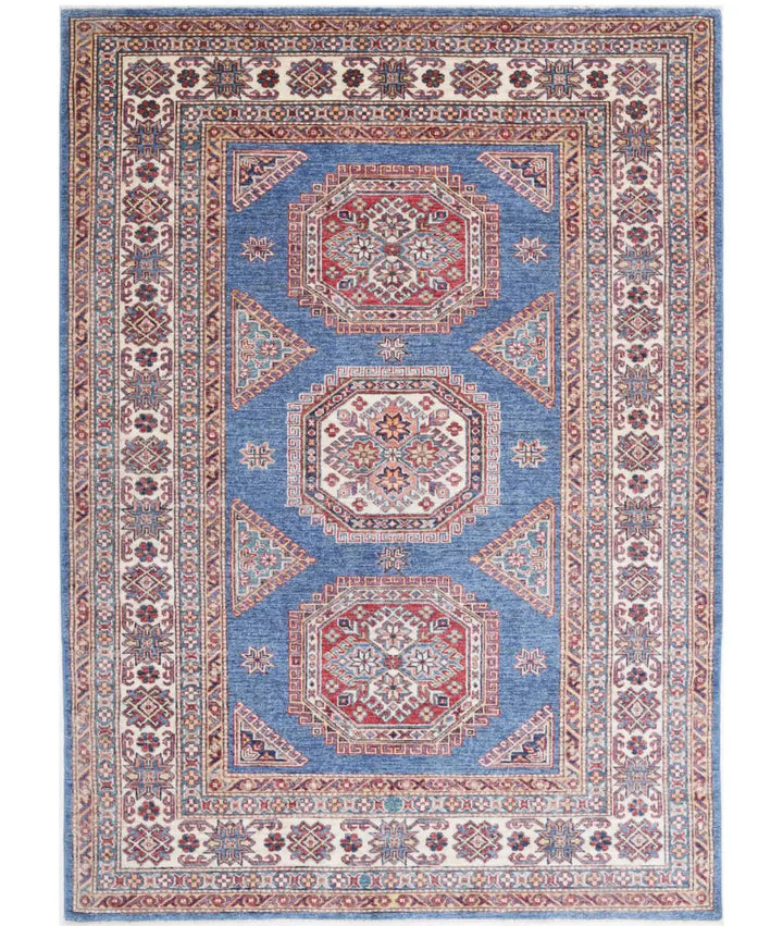 Blue Afghan Kazak Rug 4' 10" x 6' 10" Hand-Knotted | No. AT760831