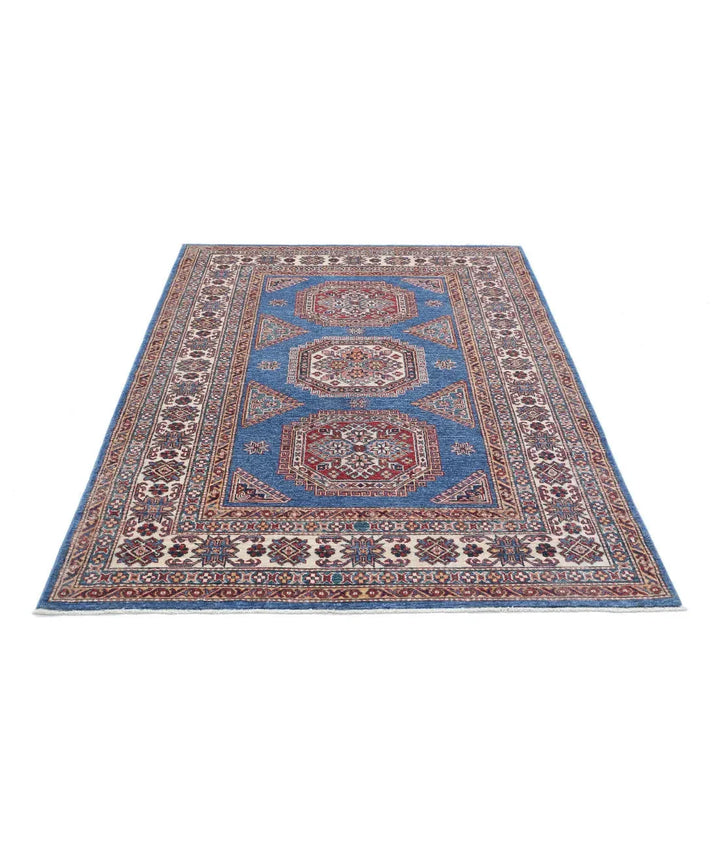 Blue Afghan Kazak Rug 4' 10" x 6' 10" Hand-Knotted | No. AT760831