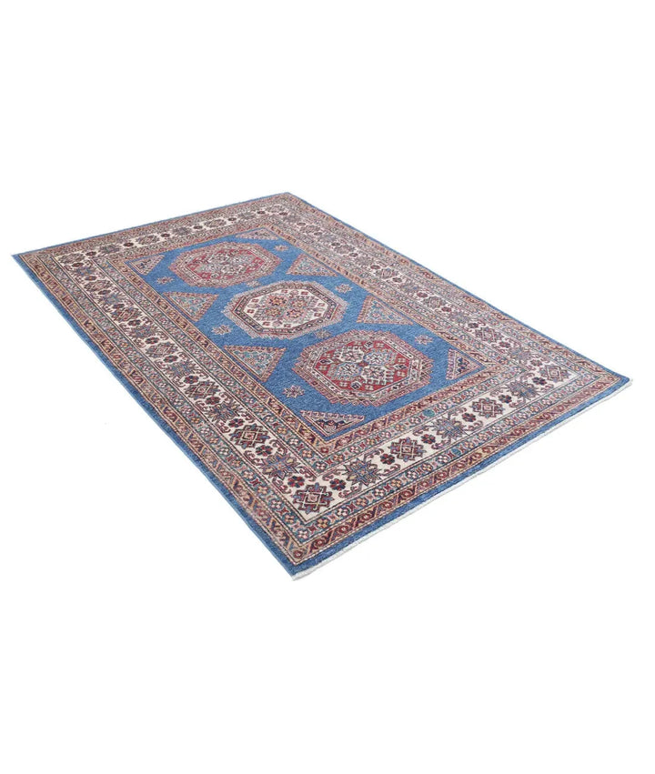 Blue Afghan Kazak Rug 4' 10" x 6' 10" Hand-Knotted | No. AT760831