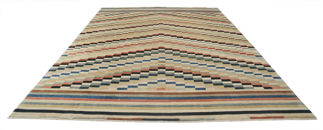 Multicolor Indian Oriental Rug 8'11" x 11'11" Hand-Knotted close-up