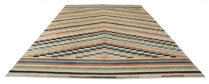 Multicolor Indian Oriental Rug 8'11" x 11'11" Hand-Knotted close-up