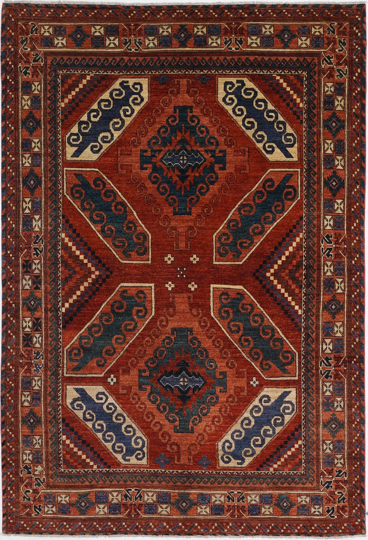 Red Afghan Humna Rug 6'5" x 9'4" Hand-Knotted | No. AT76595