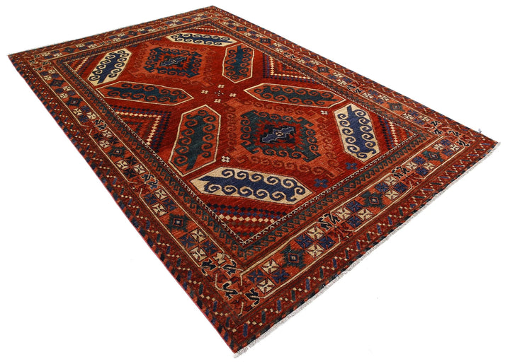 Red Afghan Humna Rug 6'5" x 9'4" Hand-Knotted | No. AT76595
