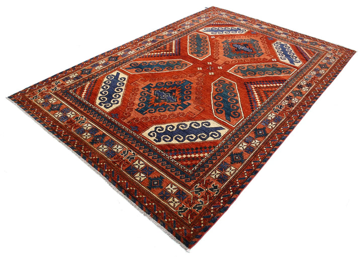 Red Afghan Humna Rug 6'5" x 9'4" Hand-Knotted | No. AT76595