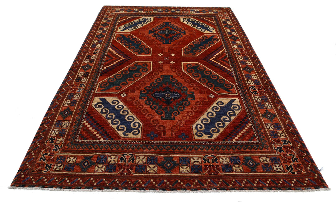 Red Afghan Humna Rug 6'5" x 9'4" Hand-Knotted | No. AT76595