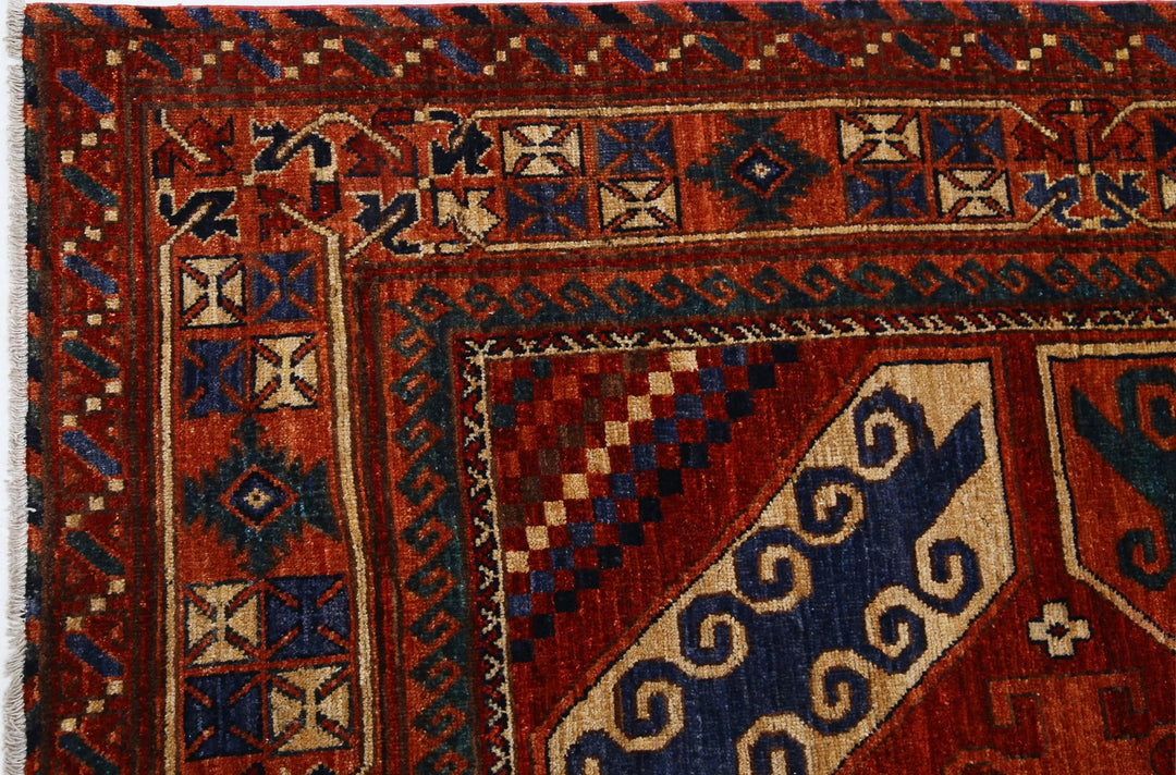 Red Afghan Humna Rug 6'5" x 9'4" Hand-Knotted | No. AT76595