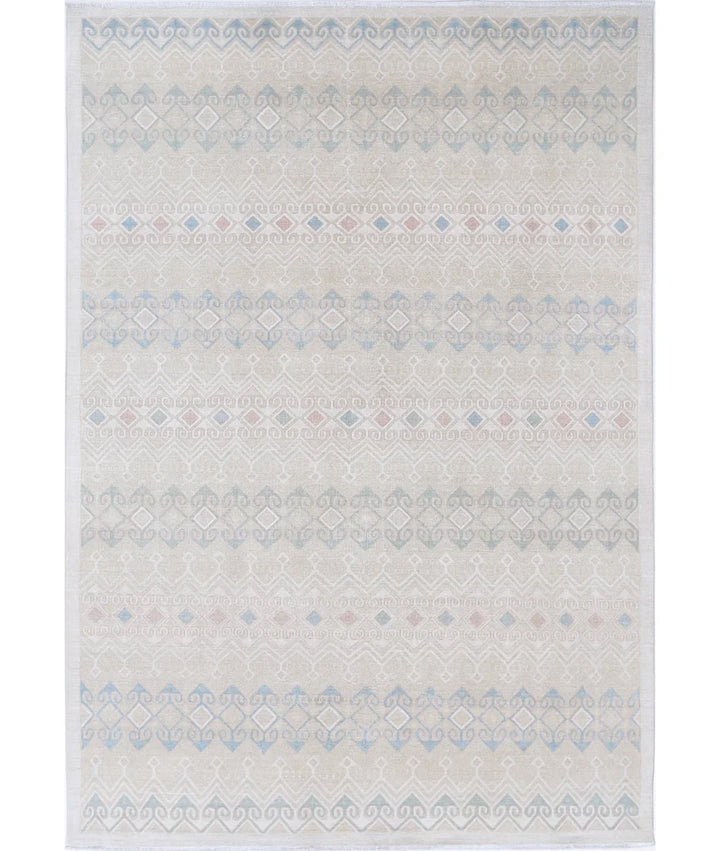 Ivory Afghan Tabriz Rug 6' 6" x 9' 6" Hand-Knotted | No. AT76852