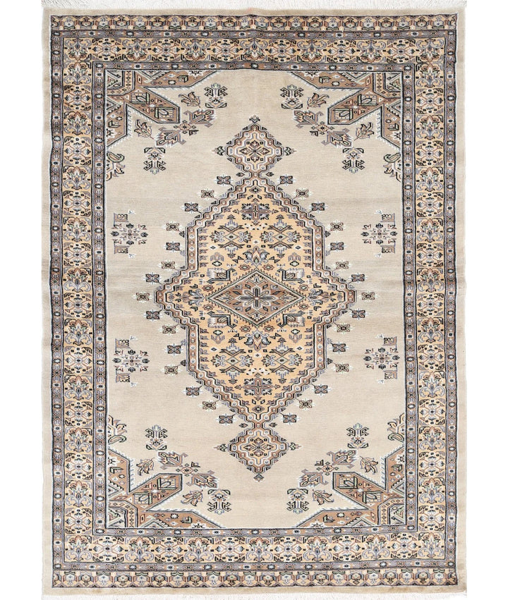 Ivory Pakistani Bokhara Rug 4' 6" x 6' 4" Hand-Knotted | No. AT77405