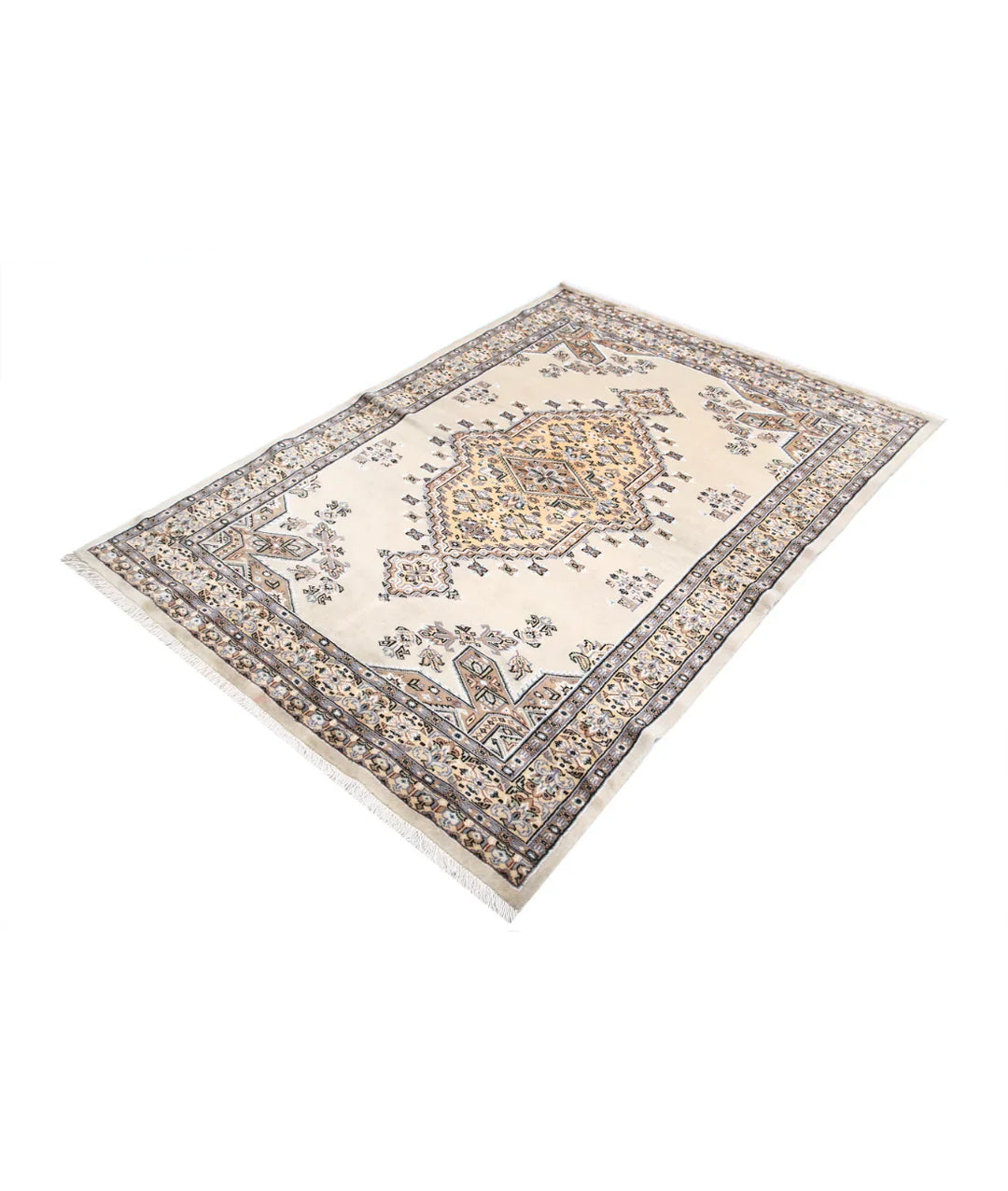 Ivory Pakistani Bokhara Rug 4' 6" x 6' 4" Hand-Knotted | No. AT77405