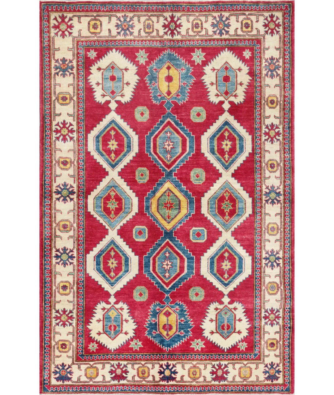 Red Afghan Kazak Rug 5' 8" x 8' 10" Hand-Knotted | No. AT78068