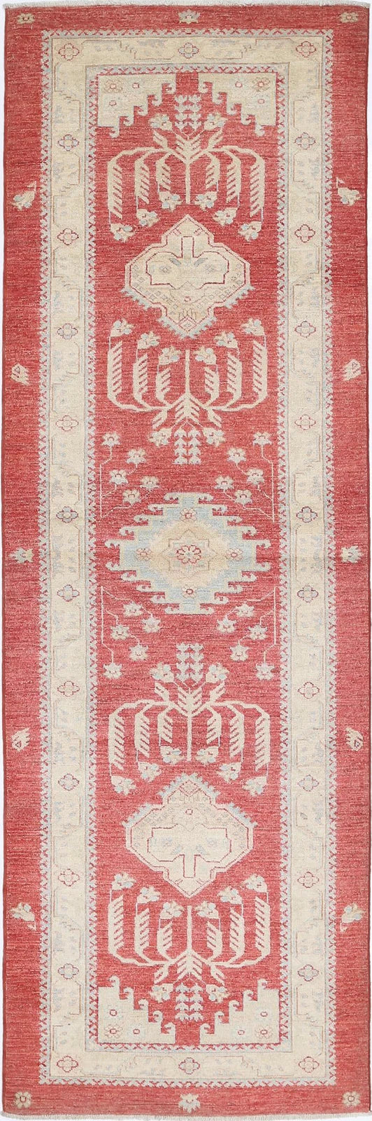 Red Afghan Ziegler Rug 2'7" x 8'2" Hand-Knotted | No. AT78166