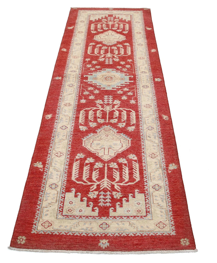 Red Afghan Ziegler Rug 2'7" x 8'2" Hand-Knotted | No. AT78166